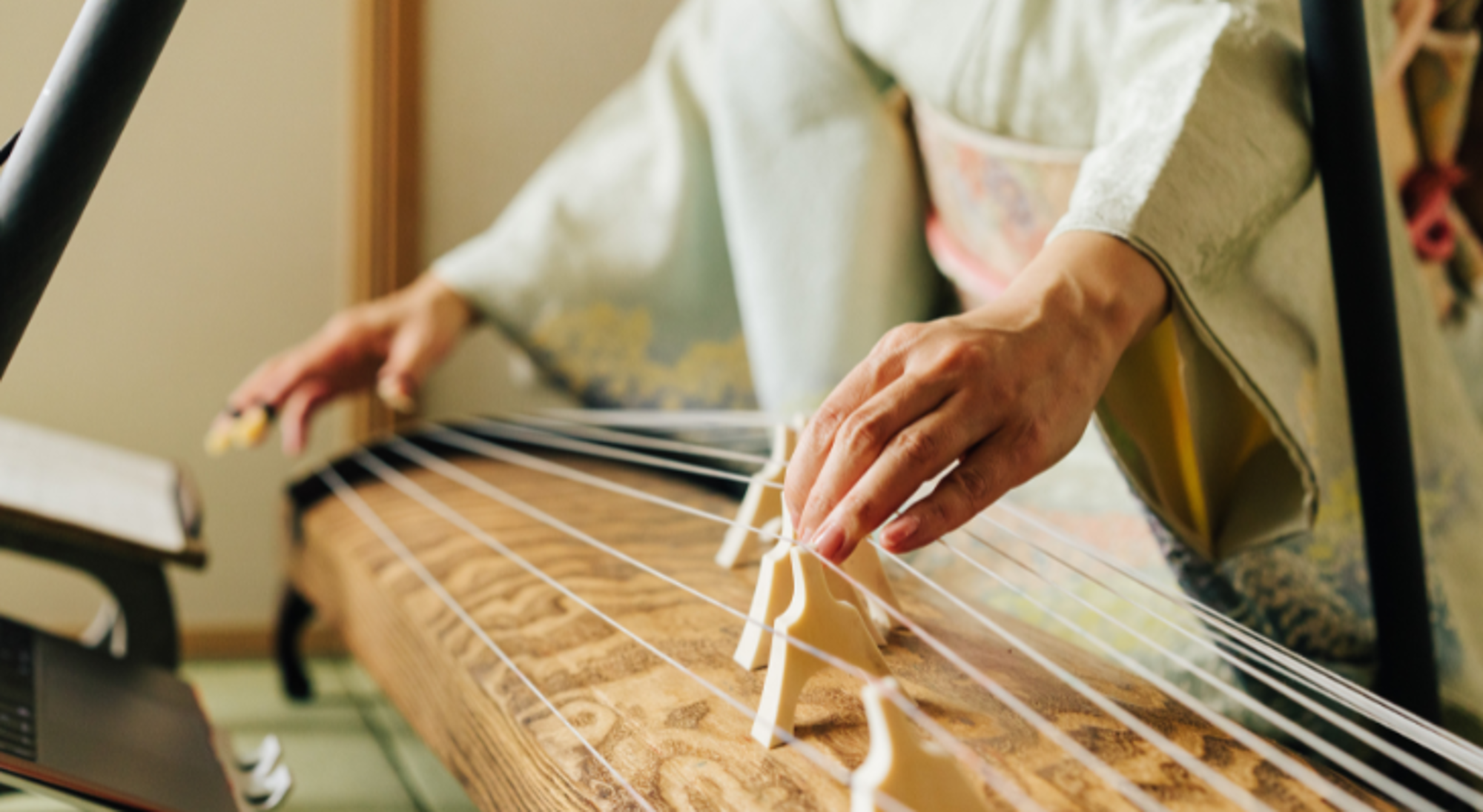 Handen van muzikant die een koto speelt in traditionele kimono.