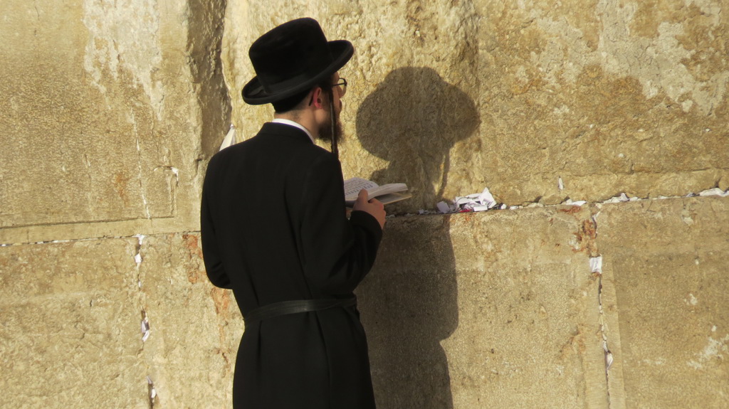 Orthodoxe jood bidt bij de Klaagmuur in Jeruzalem tijdens groepsrondreis Israël, Palestijnse gebieden en Jordanië.