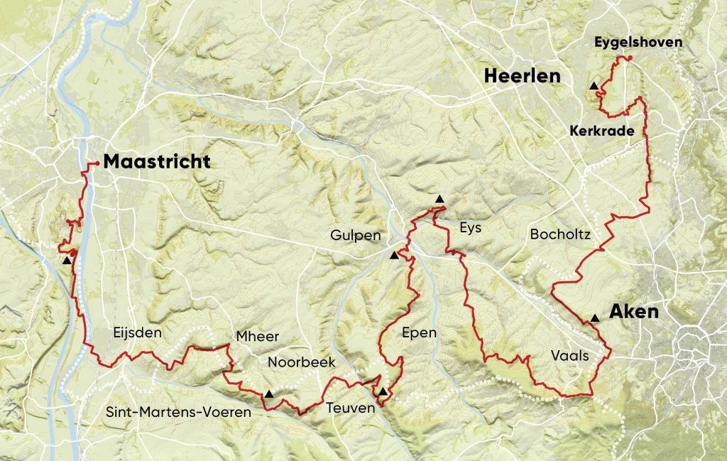 Routekaart Dutch Mountain Trail van Eygelshoven via Aken en Vaals naar Maastricht.