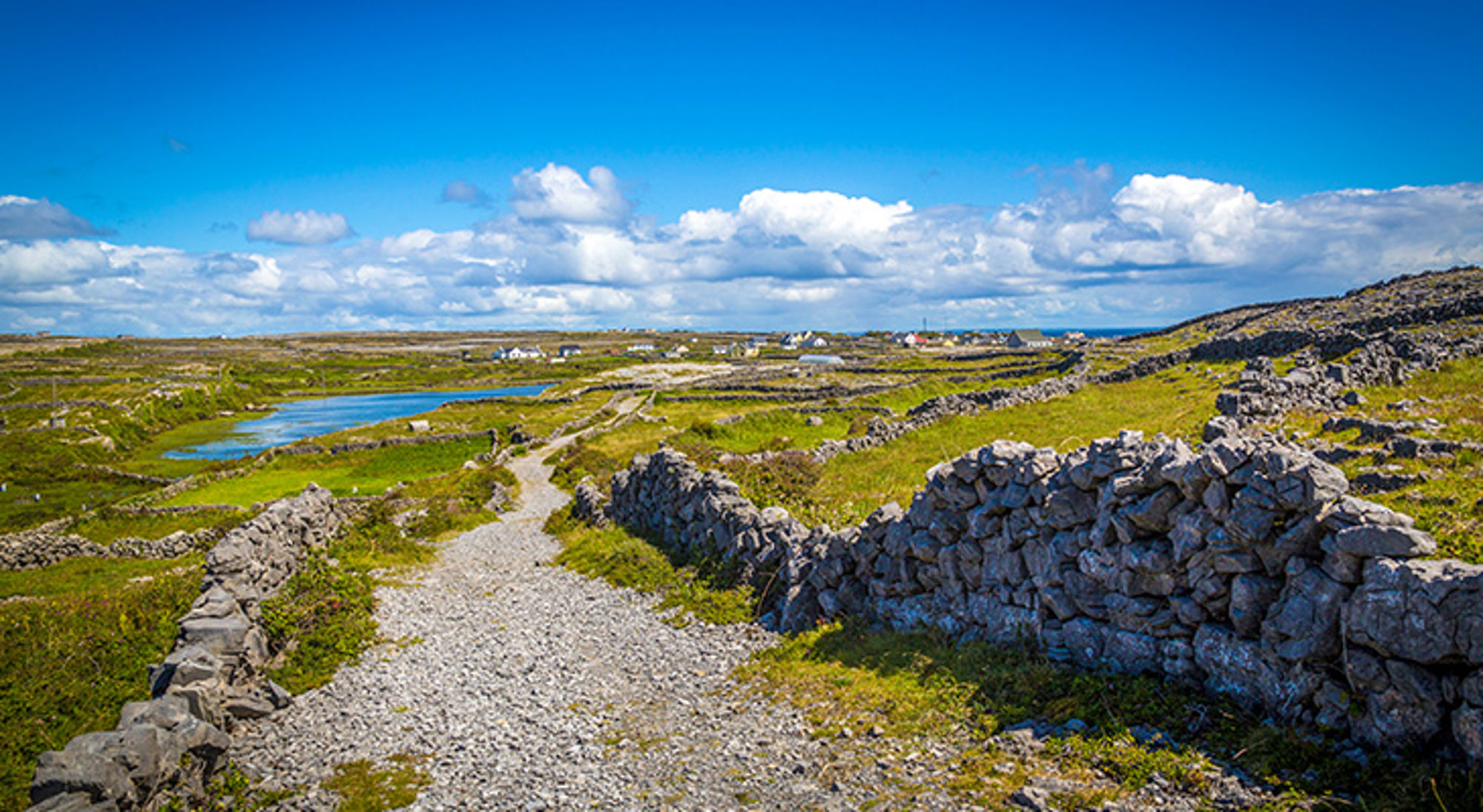 Araneilanden, Ierland Grindpad langs stenen muurtjes door groen landschap met water en wolkenlucht.