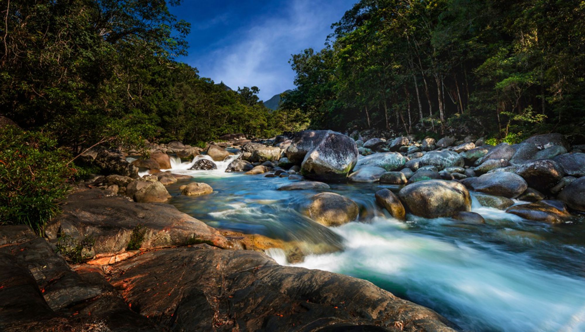 Snelstromende rivier met grote rotsblokken in tropisch regenwoud in Australië.