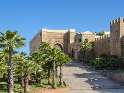 Historische stadspoort met vestingmuur en palmbomen langs de route in Marokko.
