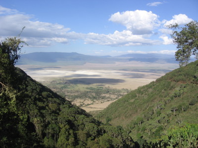 Uitzicht vanaf de Ngorongoro-krater op de savanne en het kratermeer in Tanzania.