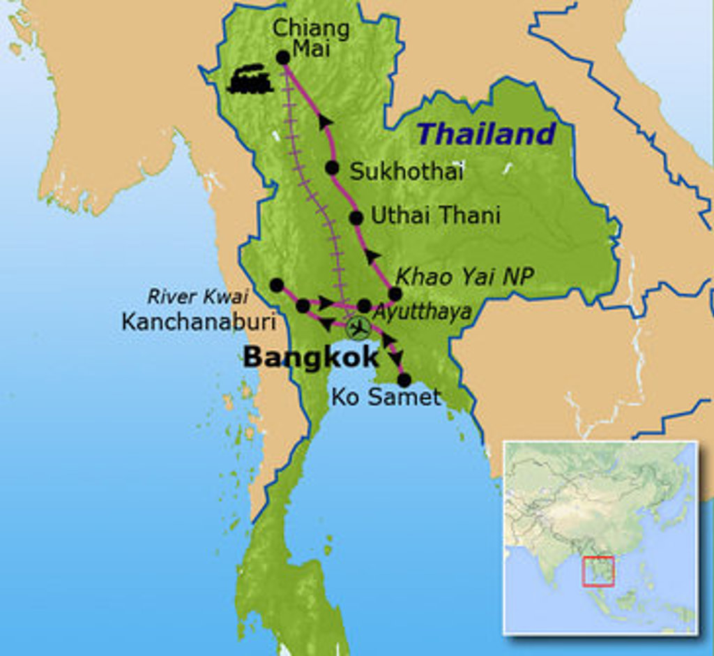 Routekaart Thailand met reisroute langs Bangkok, Kanchanaburi, Chiang Mai, Sukhothai, Ayutthaya en Ko Samet.
