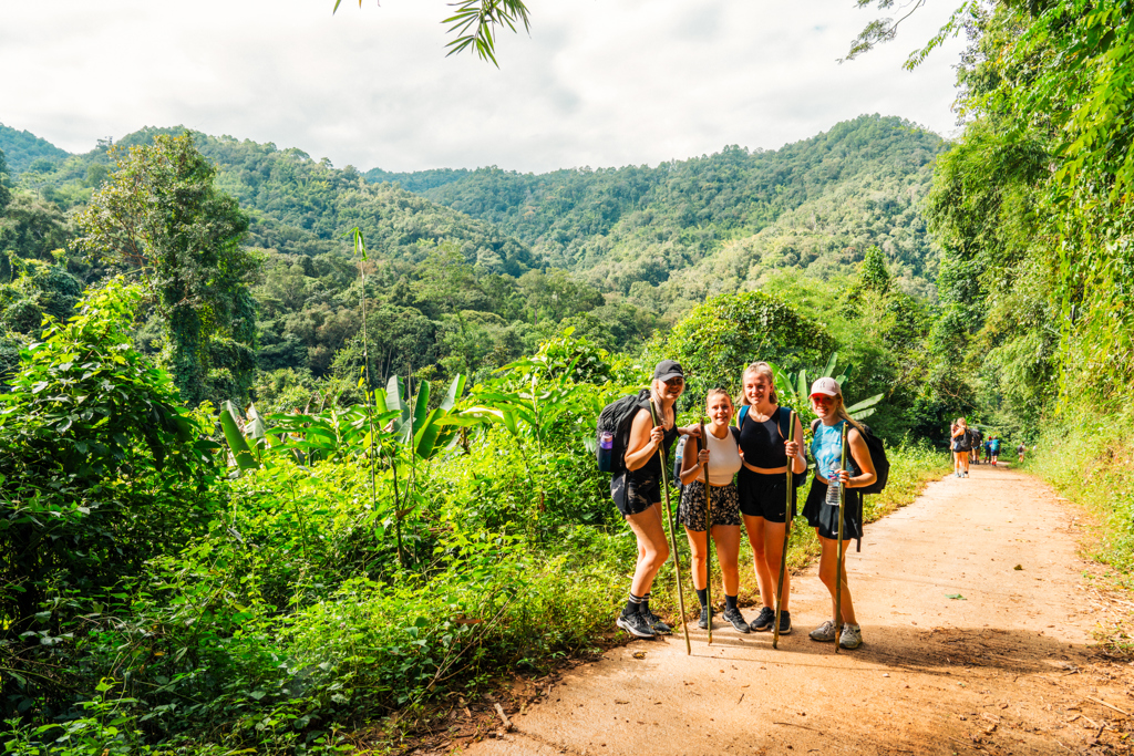 Jonge reizigers wandelen tijdens een groepsrondreis Thailand door groene heuvels en jungle.