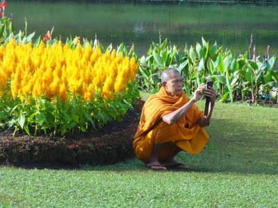 Monnik in oranje gewaad fotografeert bij gele bloemen aan het water tijdens de 25-daagse Myanmar-rondreis.