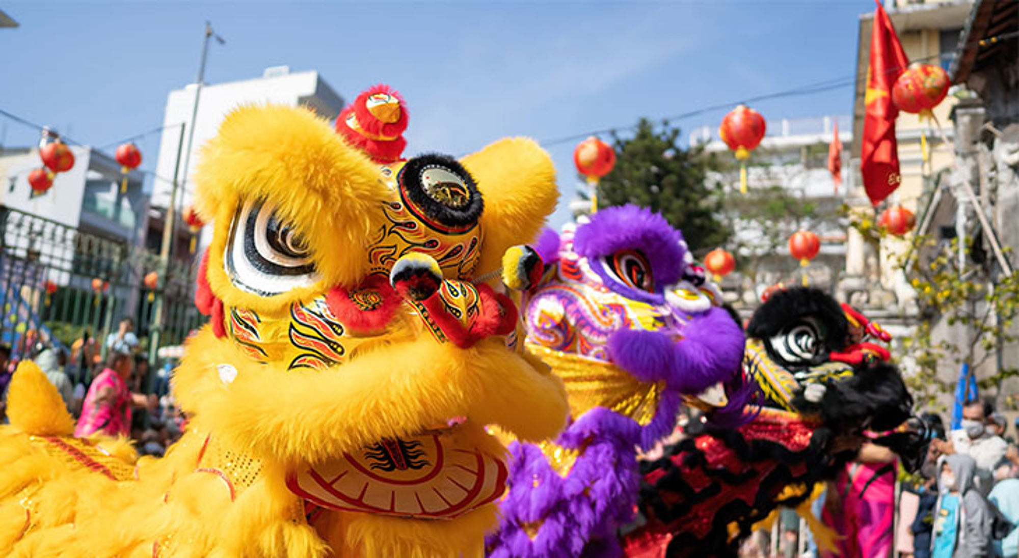 Chinees Nieuwjaar in Thailand Kleurrijke leeuwendans tijdens Chinees Nieuwjaar, met rode lantaarns op straat.