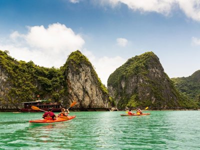 Mistige bergtoppen met dennenbomen langs de Route Indochina.
