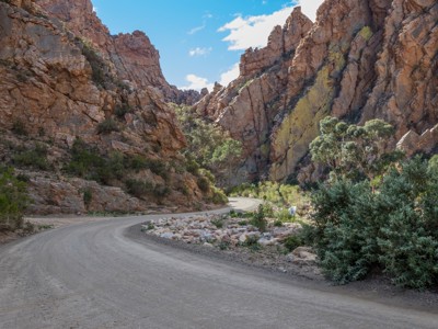 Kronkelende weg door een rotsachtige kloof langs de Tuinroute in Zuid-Afrika.