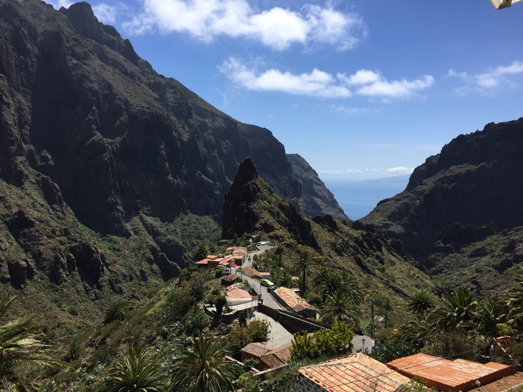 Bergdorp in de Masca-kloof op Tenerife, met palmbomen en uitzicht op de Atlantische Oceaan.