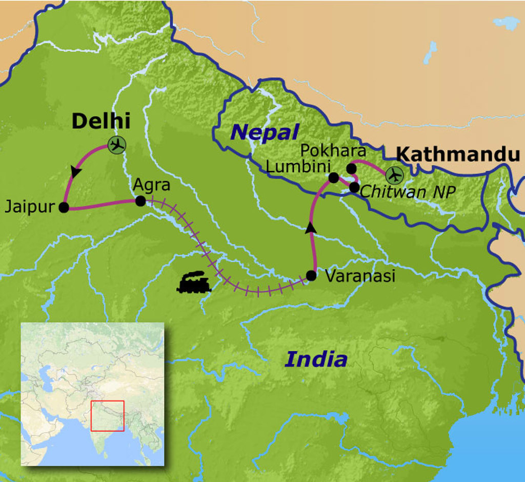 Routekaart India en Nepal met reisroute langs Delhi, Jaipur, Agra, Varanasi, Chitwan, Pokhara en Kathmandu.
