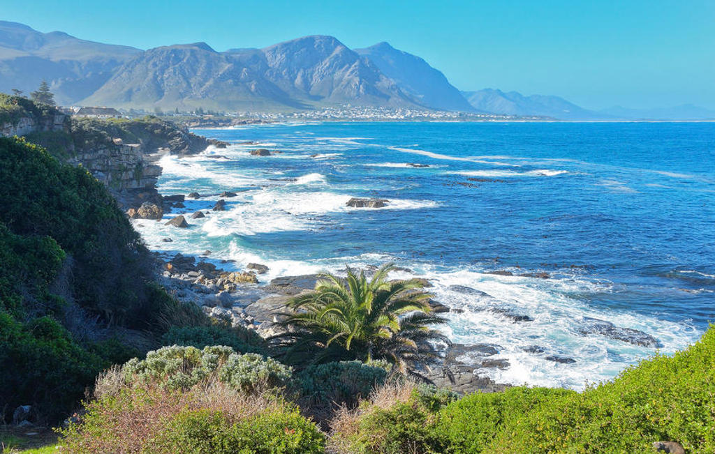 Kustlijn van de Zuid-Afrikaanse Tuinroute met rotsen, golven en bergen op de achtergrond.