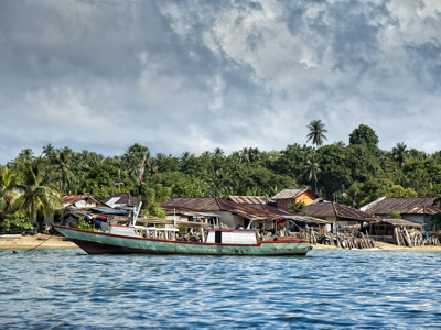 Vissersboot voor een kustdorp met palmbomen op Sulawesi tijdens de Route Sulawesi.