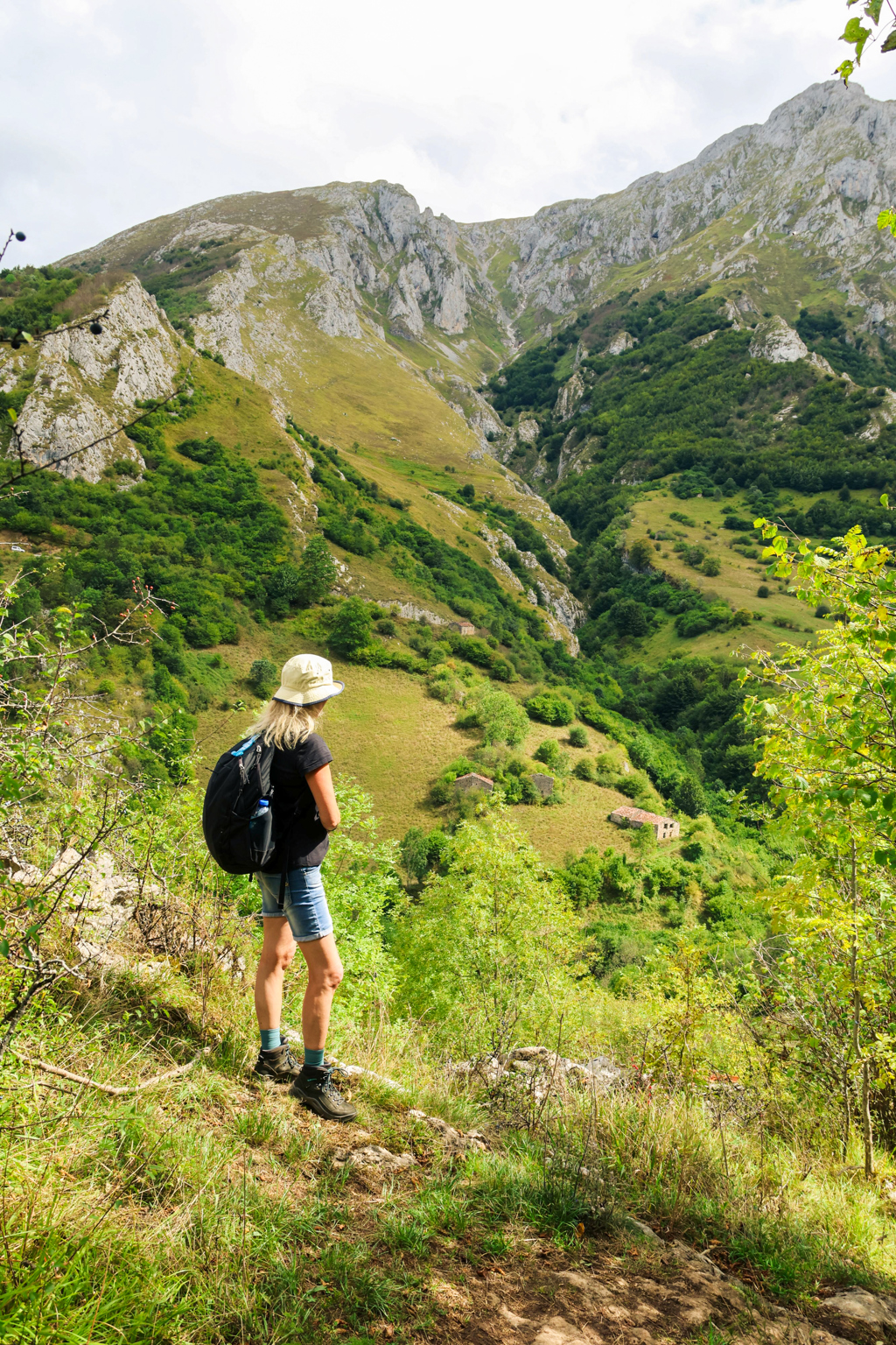 Wandelaar met rugzak kijkt uit over groene bergvallei in de Picos de Europa, Spanje.
