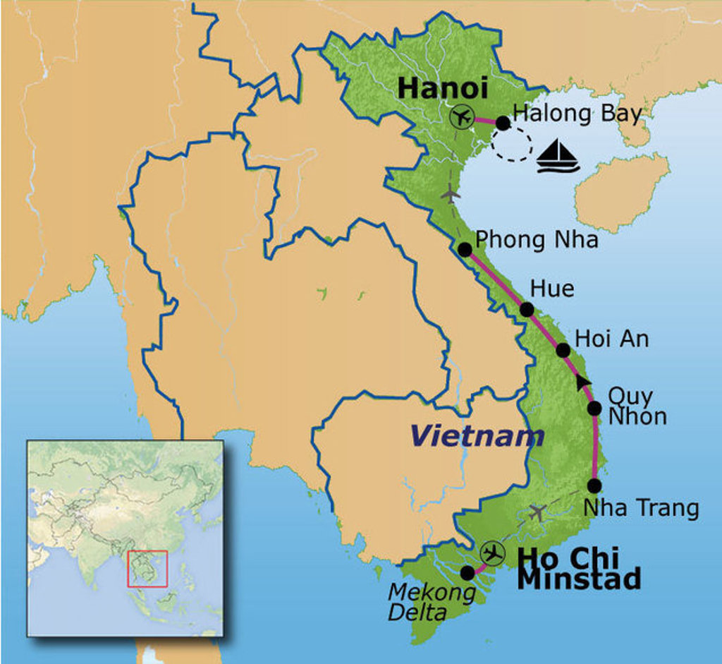 Routekaart Vietnam met reisroute van Hanoi en Halong Bay via Hue en Hoi An naar Ho Chi Minhstad en Mekong Delta.
