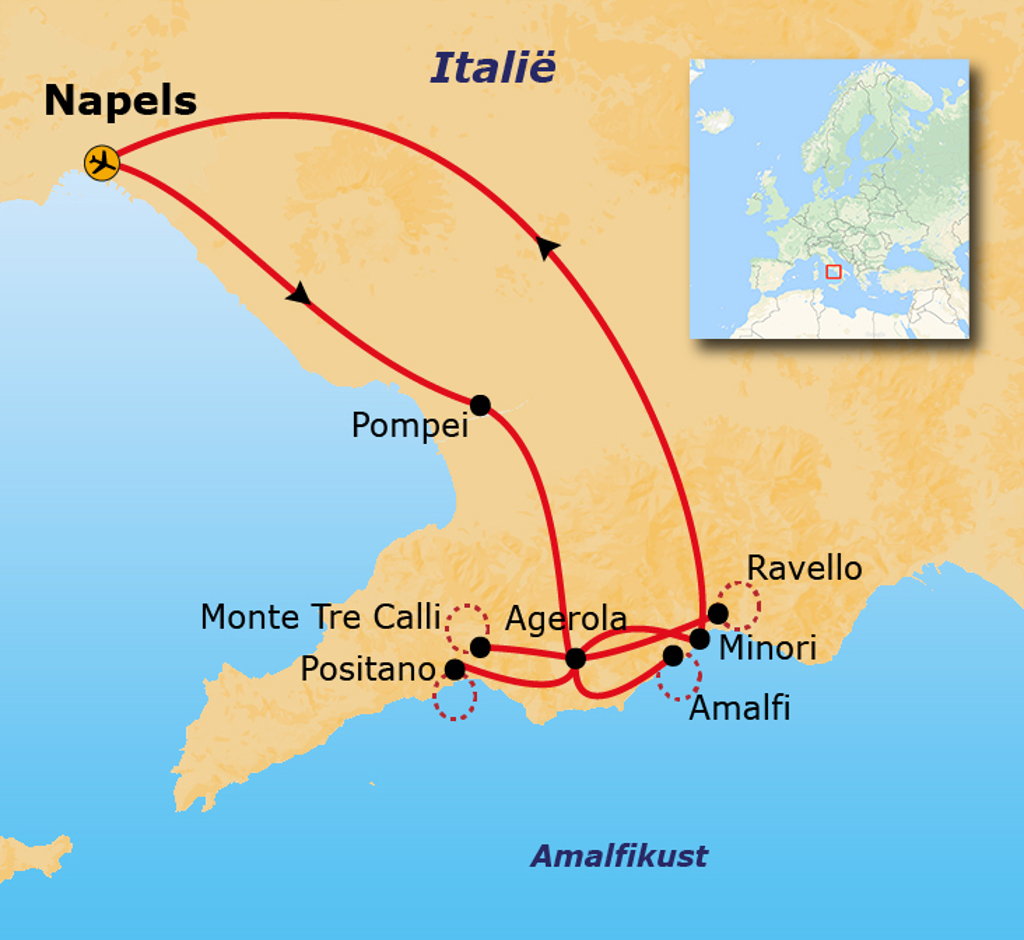 Routekaart Amalfikust met reisroute via Napels, Pompeï, Positano, Agerola, Amalfi, Minori en Ravello.