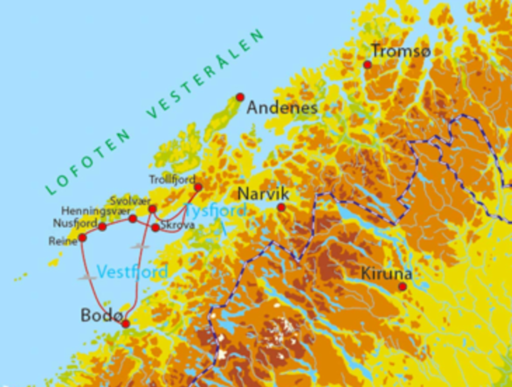 Routekaart Noorwegen Lofoten met reisroute langs Bodø, Svolvær, Reine, Narvik en Tromsø.