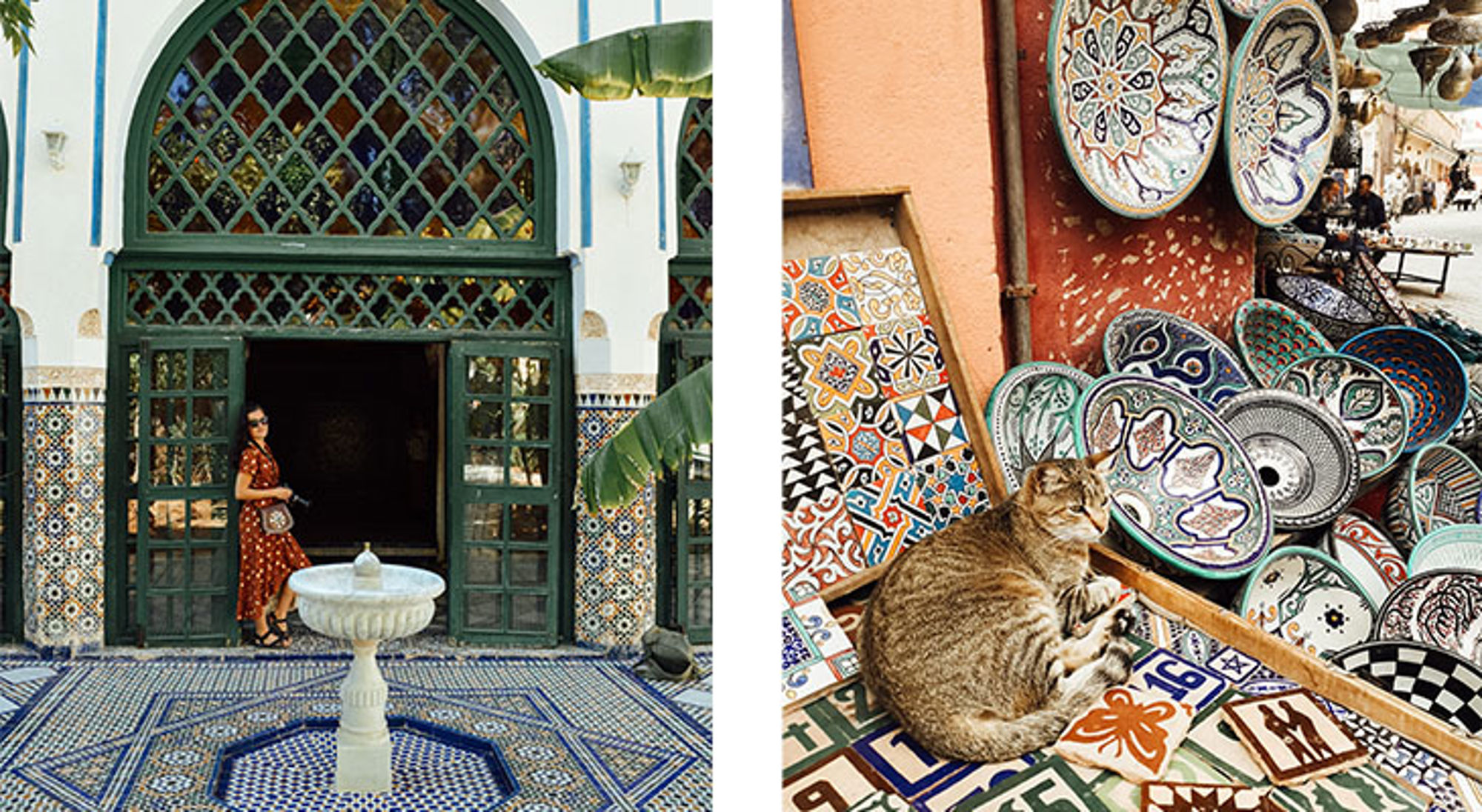 Bahia paleis en Marokkaanse kat Marokkaanse riad met mozaïektegels en fontein, naast een marktstalletje met keramiek en een slapende kat.