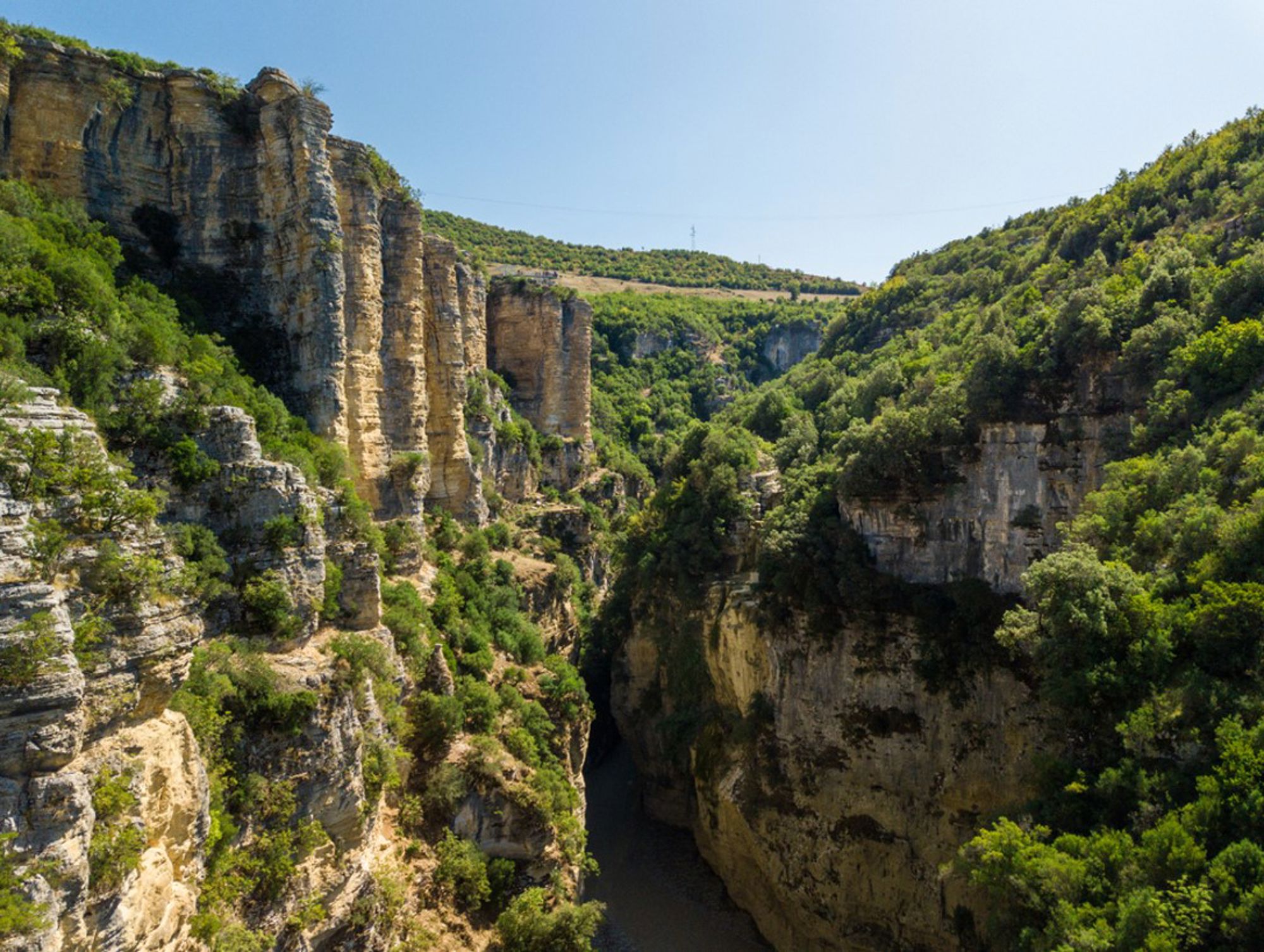 Uitzicht op de Osum-kloof met hoge kalkstenen rotswanden en groene begroeiing in Albanië.