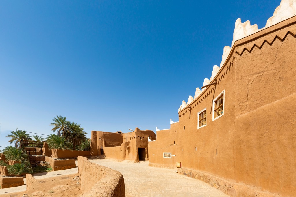 Traditionele lemen huizen en palmbomen in een historisch dorp tijdens de groepsrondreis Saoedi-Arabië.