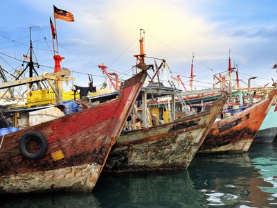 Vissersboten in de haven van Kota Kinabalu, Maleisisch Borneo.