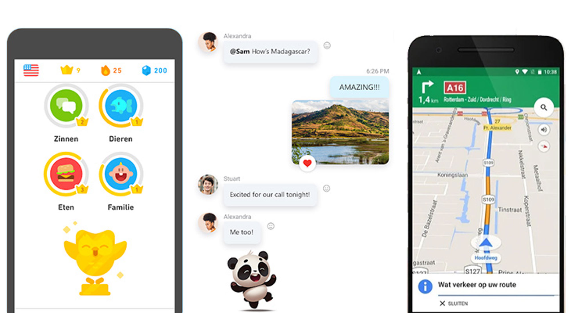 Apps Duolingo, Skype en Google Maps Schermen met taalapp, chat met reisfoto en navigatiekaart op smartphone.