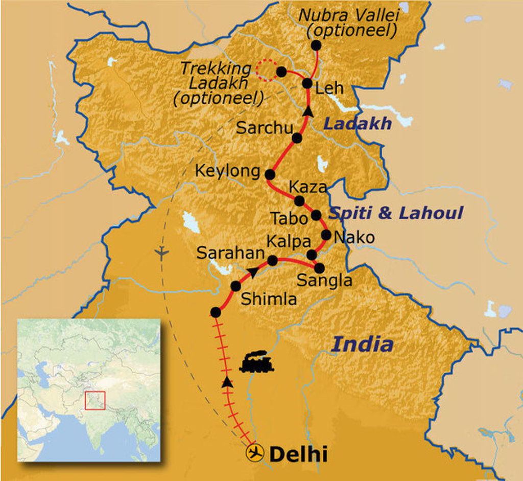 Routekaart Spiti & Ladakh met reisroute van Delhi via Shimla, Kaza en Leh naar Nubra Vallei (optioneel).