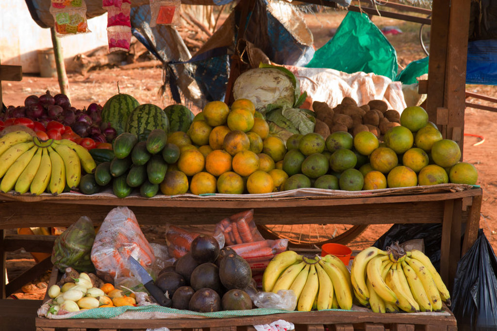 Kleurrijke fruitkraam op lokale markt tijdens groepsrondreis Kenia en Tanzania.