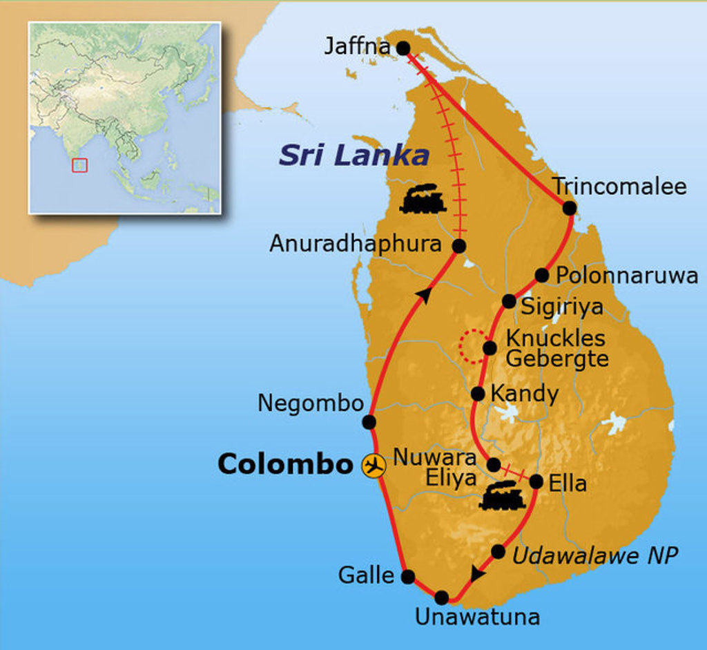 Routekaart Sri Lanka met reisroute via Colombo, Kandy, Ella, Galle, Jaffna, Trincomalee en Sigiriya.