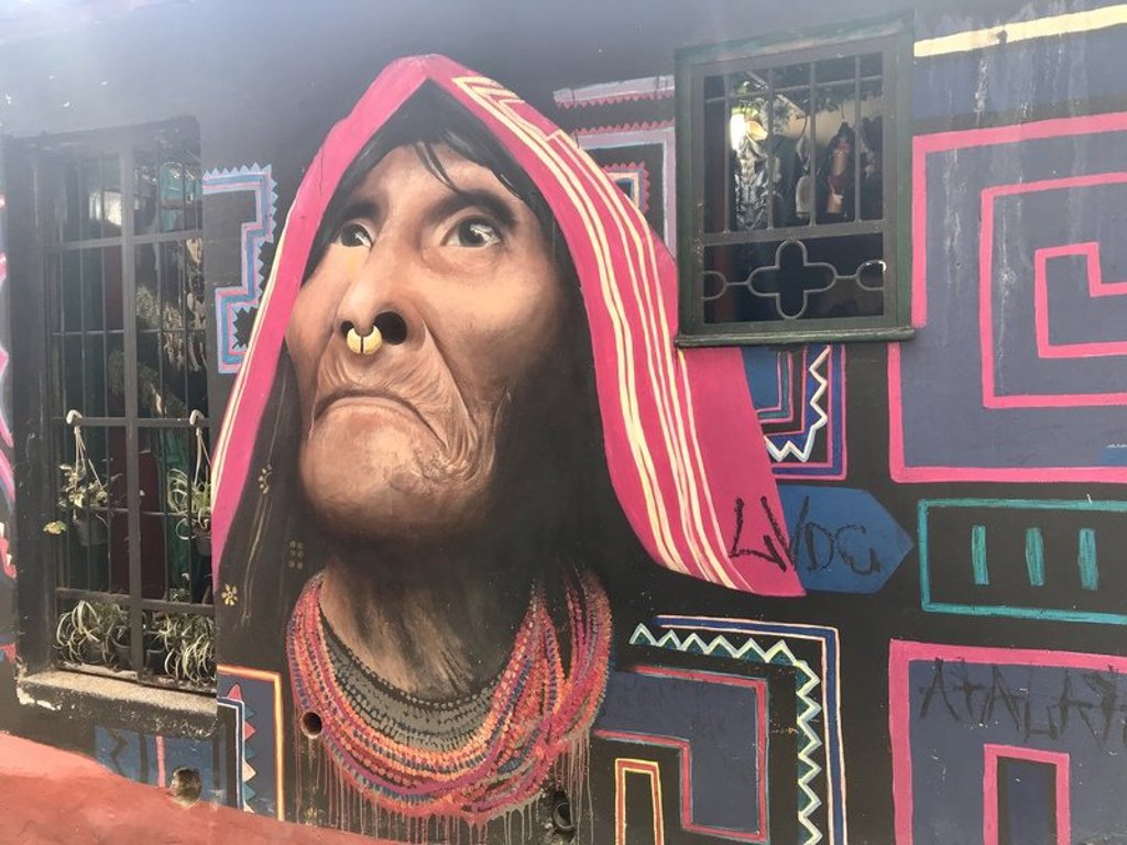 Muurschildering van een vrouw met rode hoofddoek in kleurrijke straatkunst tijdens een groepsrondreis Colombia.