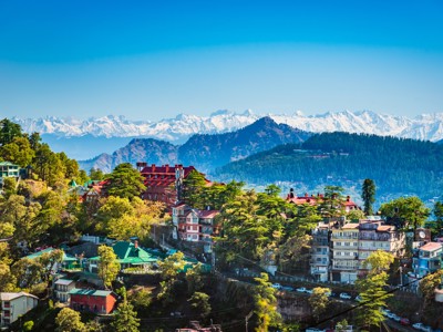 Uitzicht op Shimla met kleurrijke gebouwen en dennenbossen, met besneeuwde Himalayatoppen op de achtergrond.