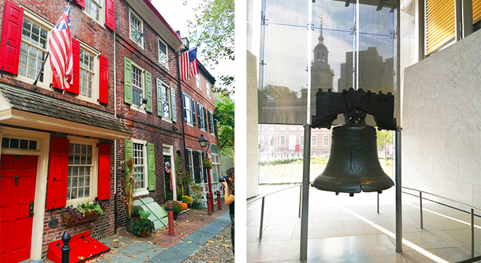 Historische straat in Philadelphia en de Liberty Bell in het Liberty Bell Center.