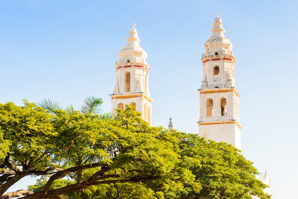 Witte kathedraal met twee klokkentorens boven groene bomen onder een heldere blauwe lucht in Mexico.