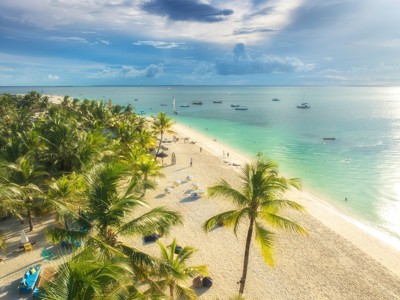 Zandstrand op Zanzibar met palmbomen, turquoise zee en dhowboten voor de kust.