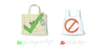 Herbruikbare tas met groen vinkje naast plastic tas met verbodsteken, symbool voor plasticverbod in Tanzania.