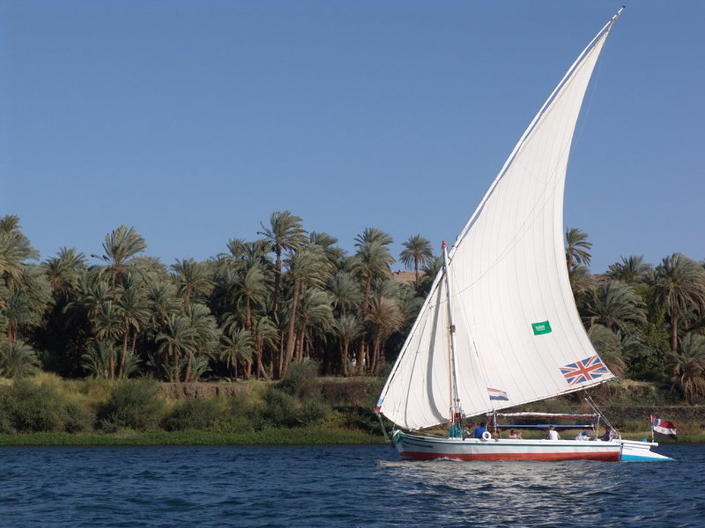 Felucca zeilboot op de Nijl bij palmbomen tijdens familiereis Egypte.