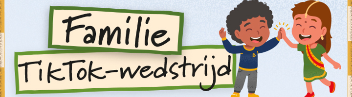 Illustratie met tekst “Familie TikTok-wedstrijd” en twee kinderen die elkaar een high five geven.