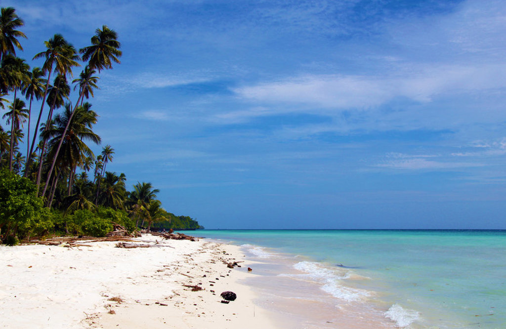 Tropisch strand met palmbomen en turquoise zee op Kalimantan, Indonesië.