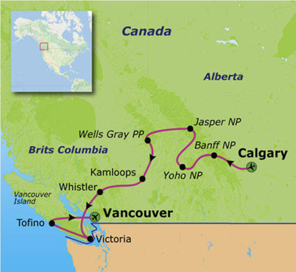 Routekaart Canada van Vancouver en Vancouver Island via Whistler, Jasper en Banff naar Calgary.