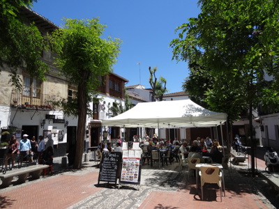 Terras op een sfeervol plein in Andalusië met witte huizen, schaduwrijke bomen en etende bezoekers.