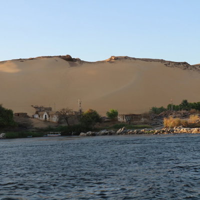 Nijl met palmbomen en zandduinen langs de oever tijdens de groepsrondreis Egypte Hoogtepunten.