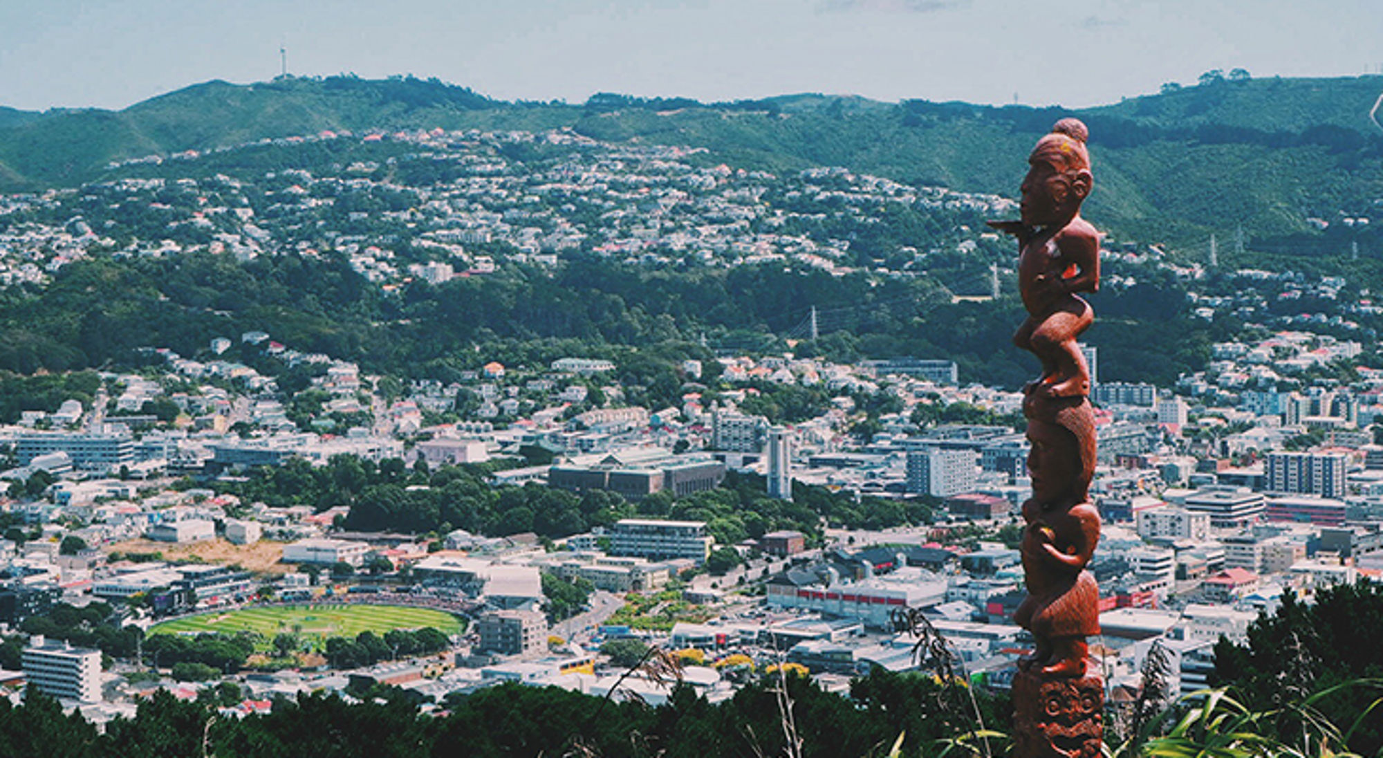 Houten Maori-totem met uitzicht over Wellington en de groene heuvels van Nieuw-Zeeland.