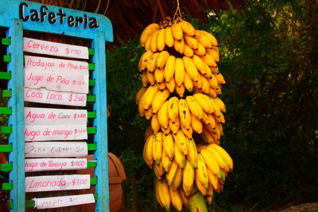 Kleurrijk cafetaria-bord met drankjes en prijzen naast een grote tros bananen in Cuba.