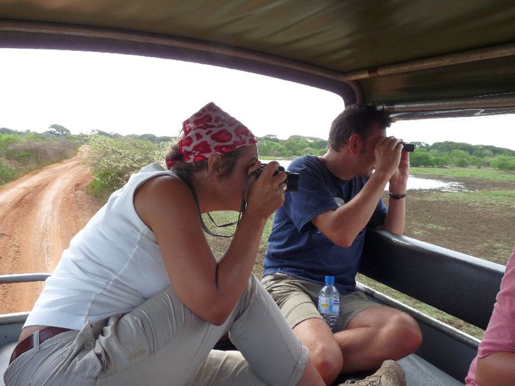 Reizigers spotten wildlife met verrekijker en camera tijdens een jeepsafari op Sri Lanka.