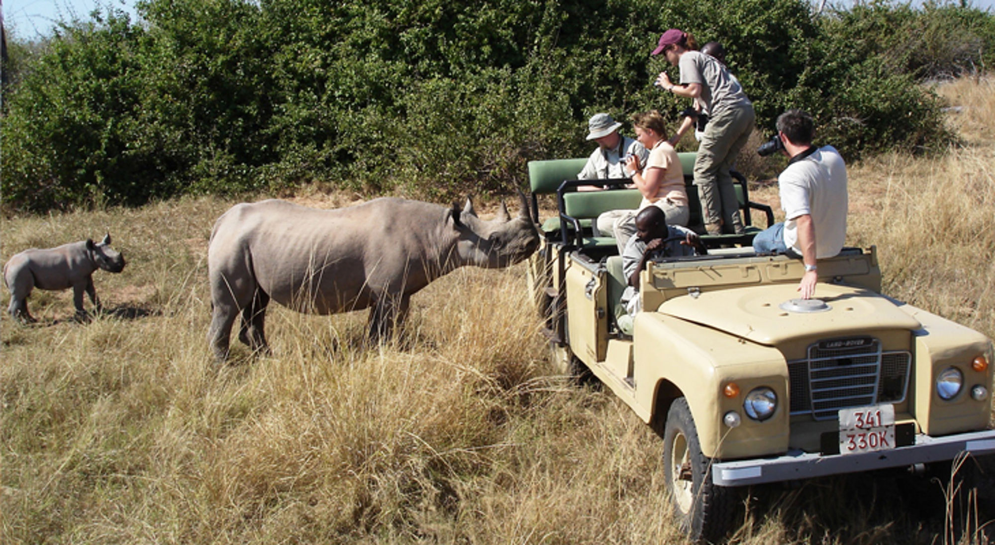 Safari-jeep met toeristen die een neushoorn en jong observeren in de savanne.