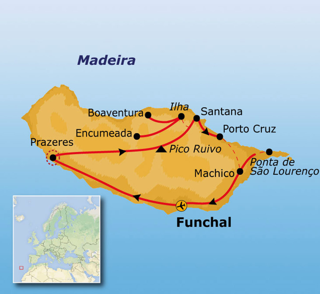 Routekaart Madeira met reisroute langs Funchal, Machico, Santana, Porto Cruz, Ponta de São Lourenço en Prazeres.