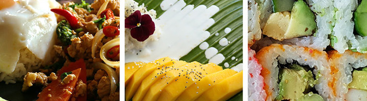 Aziatische gerechten: roerbak met ei, kleefrijst met mango en sushi met avocado.