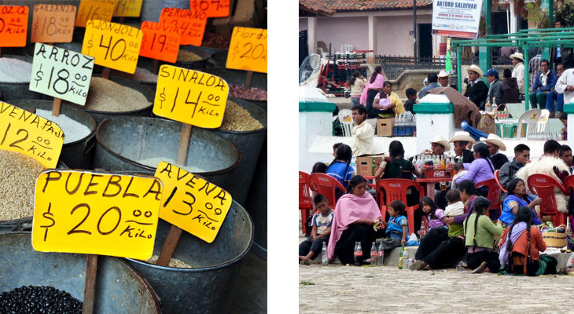 Markt in Mexico met bakken vol granen en prijskaartjes, en een druk plein met zittende mensen.