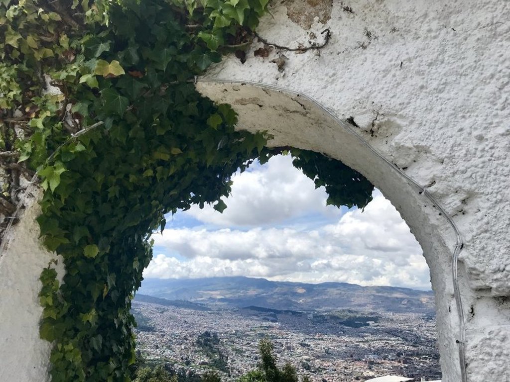 Uitzicht op de stad en bergen in Colombia door een met klimop begroeide boog.