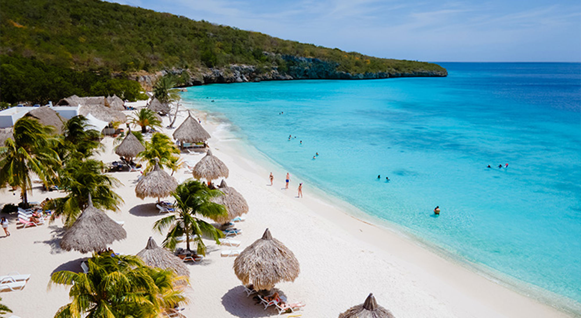 Strand Curacao Tropisch wit zandstrand met palmbomen en rieten parasols aan helderblauw water.